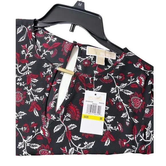 Michael Kors Womens Black Floral Long Bell Sleeve Peasant Blouse Sz M New
