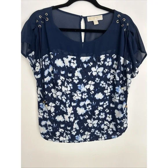 Michael Kors Women's Medium Navy Short‎ Sleeve Blouse