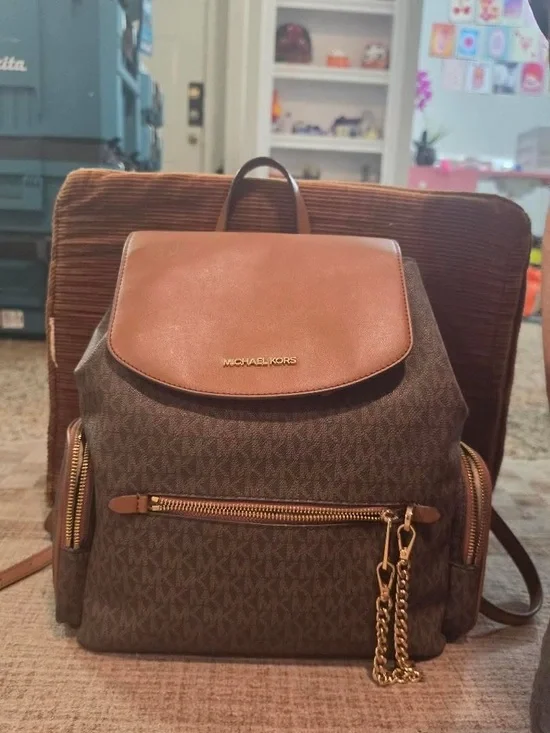 Michael Kors Brown and Tan Logo Monogram Backpack
