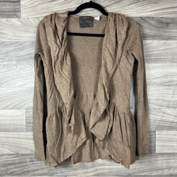 Guinevere Anthropologie Cardigan Womens M Brown Cashmere Blend Ruffle Open Front