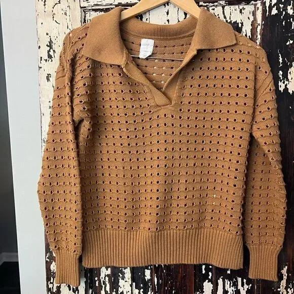 Joie Camel Brown Tan Open Knit Polo Sweater Top women’s  Size XS.