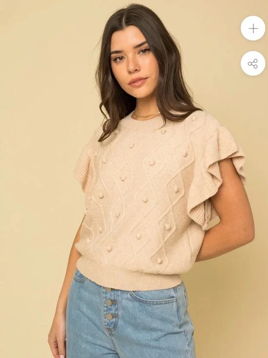 Gilli Cream Ruffle Sleeve Pom Pom Sweater Top Medium