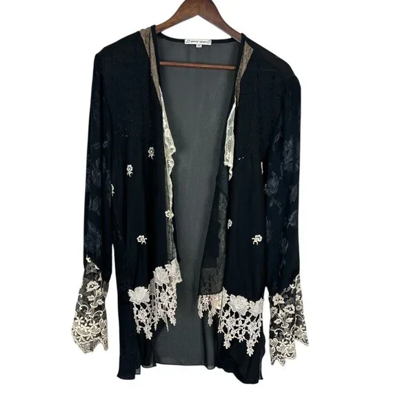 SPENCER ALEXIS Cardigan‎ Womens 16 Black Long Bell Sleeves Floral Lace Open Mesh
