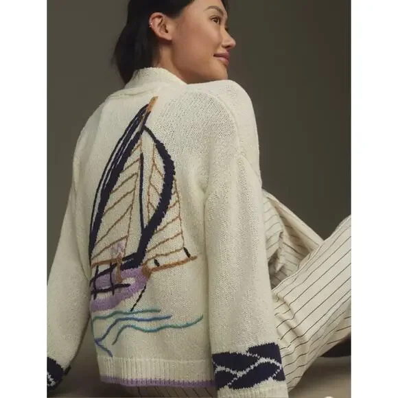Anthropologie Maeve The Maggie Sailboat Cardigan Sweater. Size M/L   Ret. $188