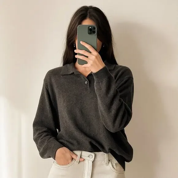Gray Wool Sweater Collared Made in‎ Italy Minimalist Classic Luxury Small