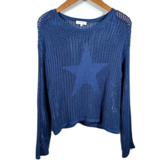 No Comment Blue Star Open Knit Women's Long Sleeve Sweater Size Small 4th July