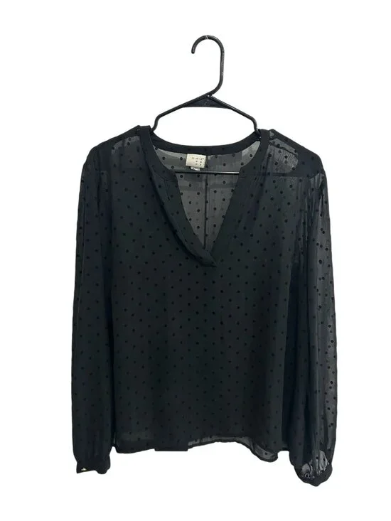 A New Day Large Black Sheer Polka Dot V-Neck Blouse Romanticcore Retro