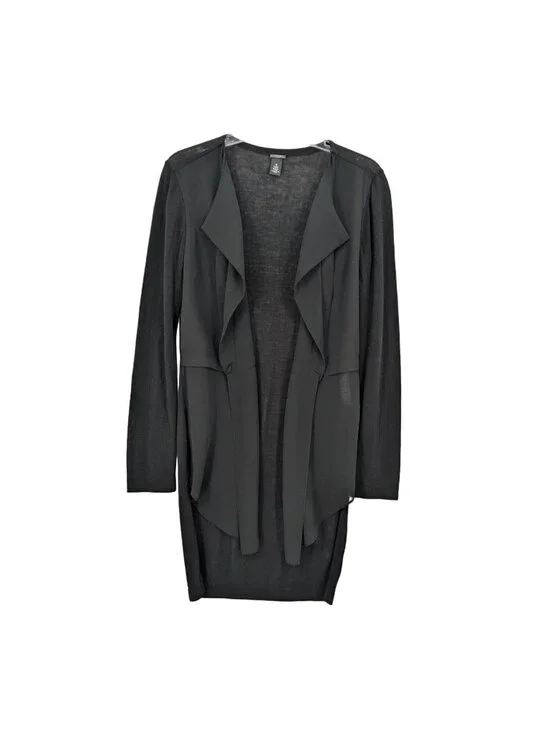 Chicos Black Sheer Open Front Cardigan Longline Draped Waterfall Ethereal Small