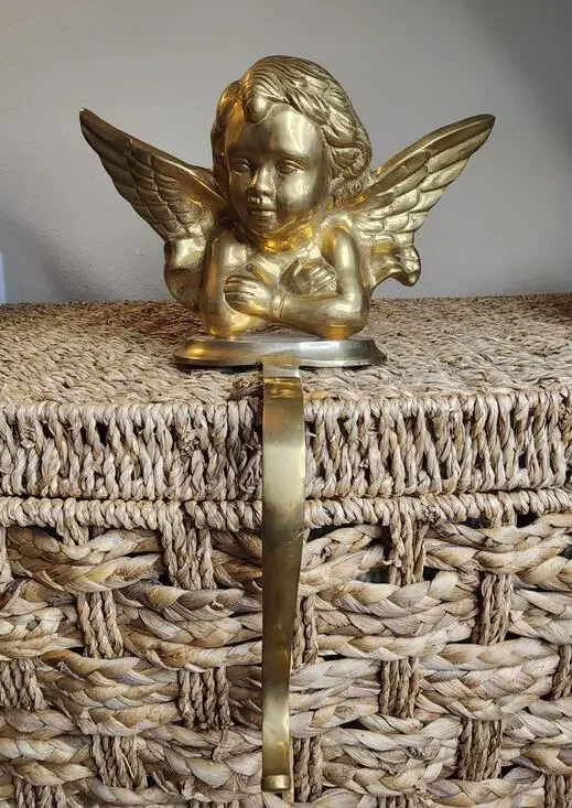 Vintage Large Heavy Brass Cherub Christmas Stocking Holder Shelf Hanging Decor