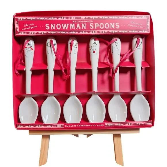 Williams Sonoma 2006‎ #6 White Ceramic Snowman Spoons Ornaments 6.25