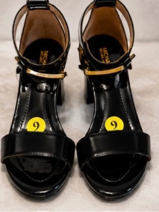 Michael Kors Black Patent Leather Ankle-Strap Block Heels