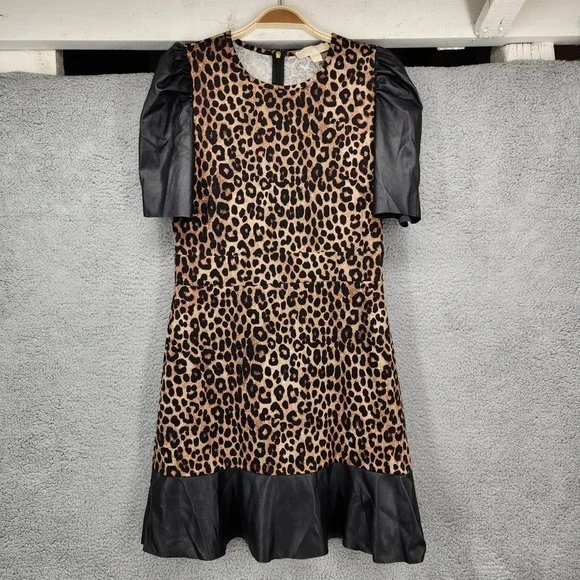 MICHAEL KORS Leopard Print Faux Leather Sleeve Fit‎ Flare Dress Women's Medium