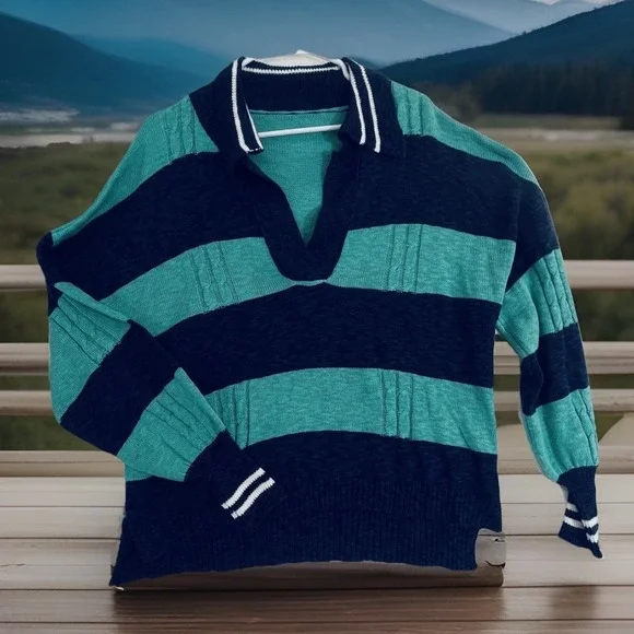 Striped Collared Sweater Women's L Teal &‎ Navy Knit Pullover Oversized layer
