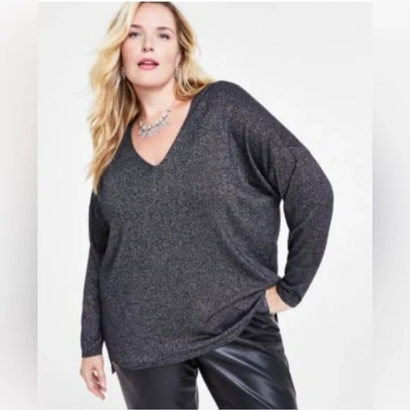 Women’s INC Gray Lightweight Sparkly Sweater, Medium