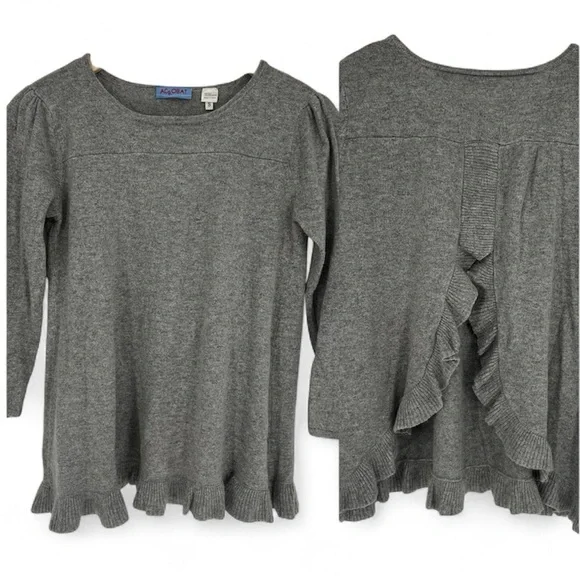 Acrobat Sweater Women's Small Silk Cashmere Ruffle Hem Pullover Gray‎ Back Slit