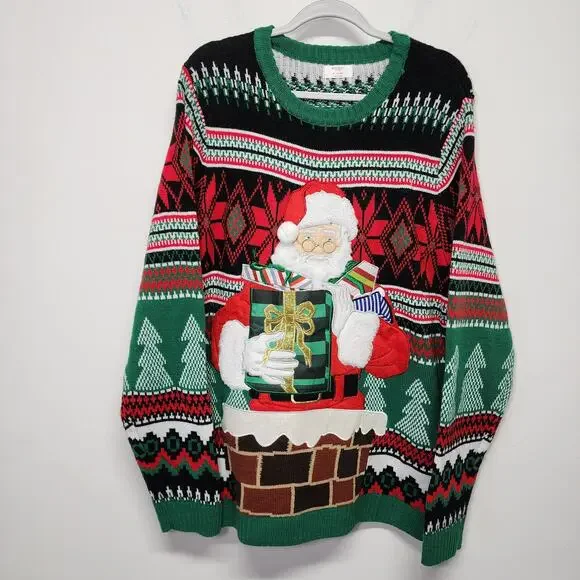 Ugly Christmas Sweater Mens XL Santa Drink Pocket Argyle Chimney Holiday Time
