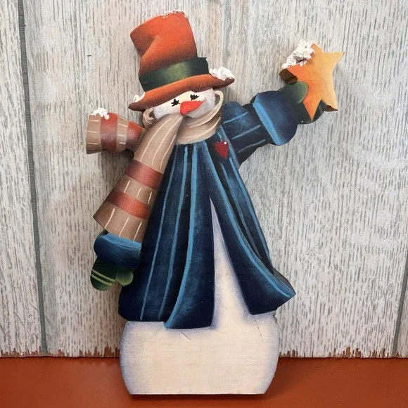 Vintage 90's Rustic Happy Wood Snowman Decoration Christmas‎ Shelf Decor 8