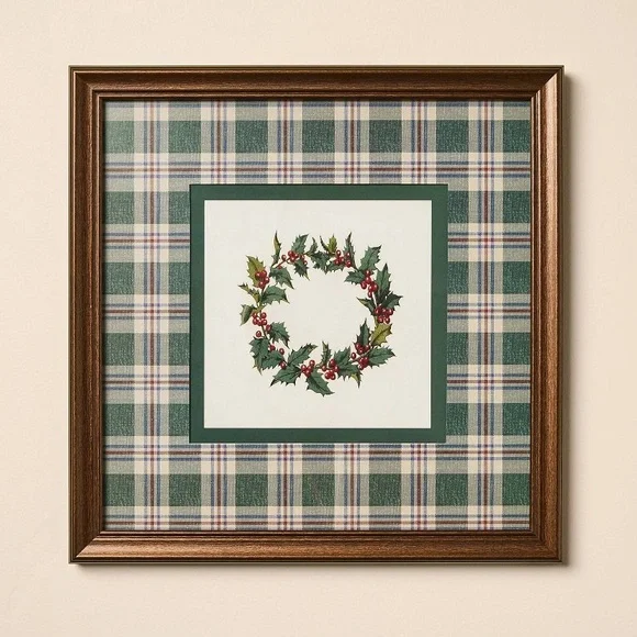 New 12”x12” Vintage Plaid Matte Wreath Framed Art - Hearth & Hand™ with Magnolia