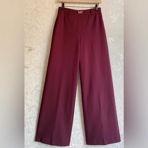 MICHAEL MICHAEL KORS MK Belt Wide Leg High Rise Crop Burgundy Pants Size 2 NWT