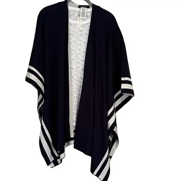 Navy and White Striped Open Cardigan Wrap Poncho Classic Ralph Lauren NWOT