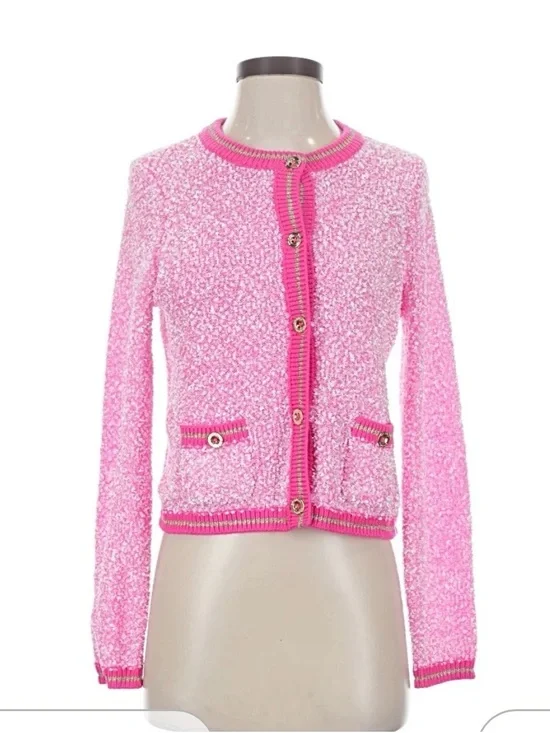 Lilly Pulitzer Pink Bouclé Cardigan with Hot Pink Trim
