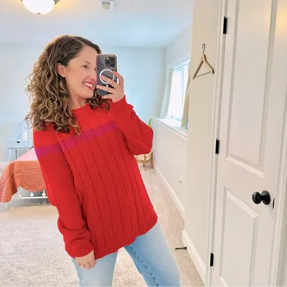 LANDS’ END Red Orange Pink Cable Knit Cotton Sweater Large