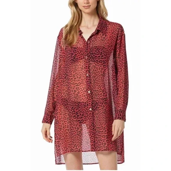 Michael Kors Women's Animal-Print Red Sheer Cover-Up Shirt Size L $130 NWT
