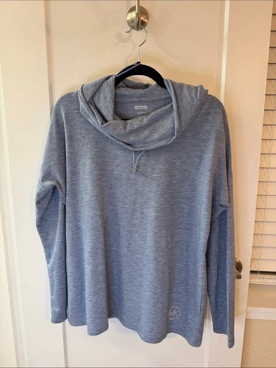 Michael Kors Heather Blue Cowl Neck Pullover Sweater Rhinestone Logo Size L