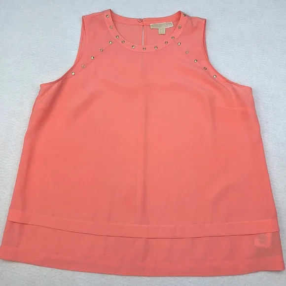 Michael Kors Blouse Womens‎ XL Orange Coral Studded Sleeveless Shell Layered Hem