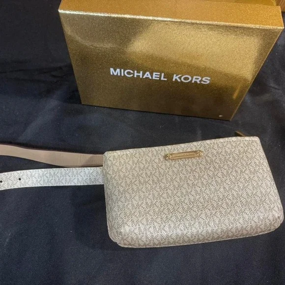 Michael Kors Pale Gold Boxed Belt Bag MK Signature Logo ‎ S/M NEW