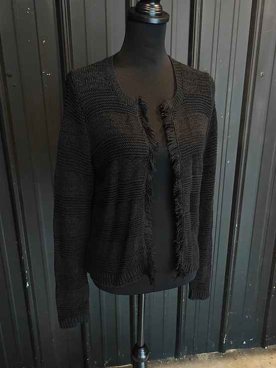 LOFT Black Fringe Open-Front Cardigan