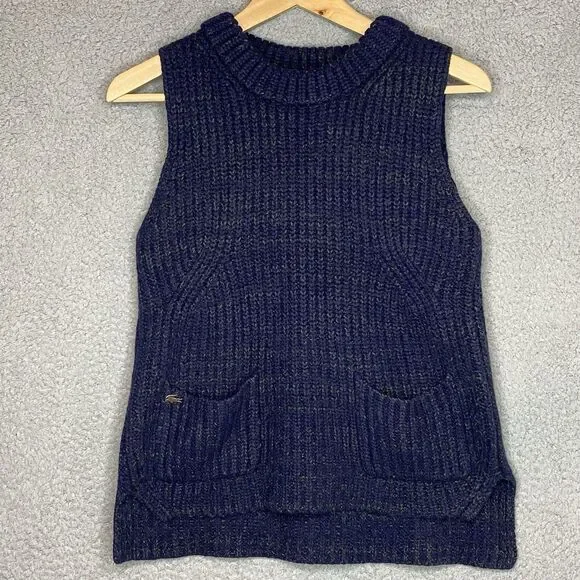 Lacoste Womens Blue Speckled Chunky Knit Sweater Vest Sz Small Asymmetrical Hem