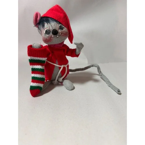 Vintage 1990 Annalee Dolls Christmas‎ Mouse Red Nightcap Stocking Grey 6 Inch