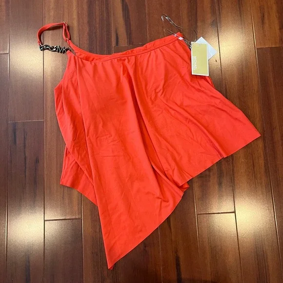 Michael‎ Kors Tankini Swim Top Ruby Orange Red One Shoulder Chain Strap New XS
