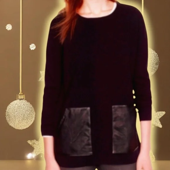 NWOT J. Crew Black ‘100% Merino Wool & Genuine Leather Pocket Sweater’ Size XS