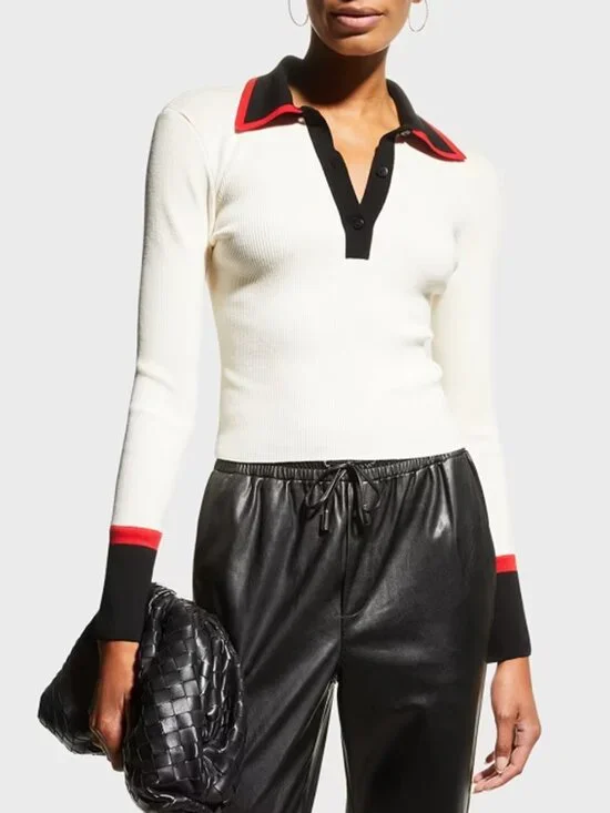 Alice + Olivia Pia Ribbed Polo Shirt Black White Red Knit Collared Wool Sweater