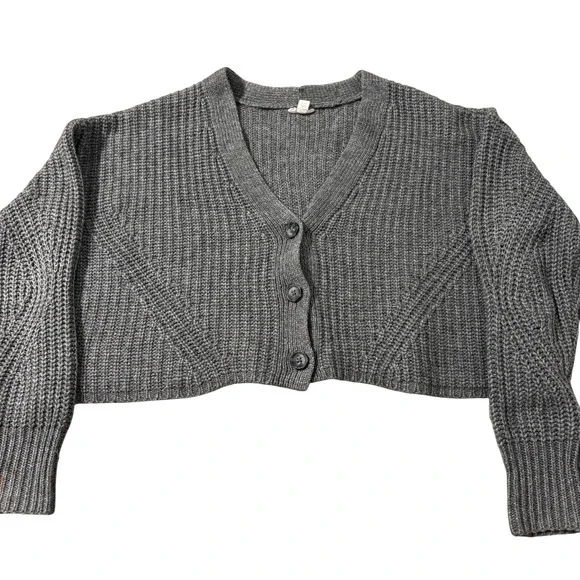 ANA Petite Grey Cropped Cardigan Sweater Ribbed Knit V-Neck Button Front PS