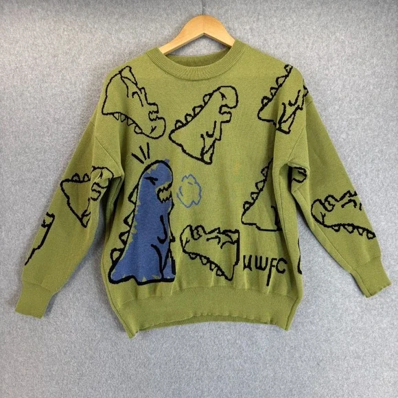 Angry Dinosaur T Rex Knit Crewneck Sweater Unisex Size Medium Green Blue Cartoon