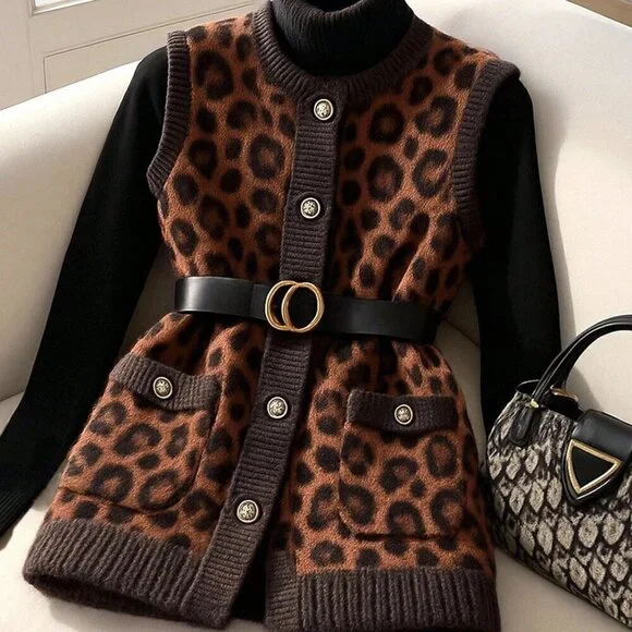 Multicolor Chic Leopard Print Womens Knitted Cardigan Vest Top