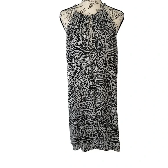 Michael Kors Black‎ White Zebra Animal Print Chain Halter Dress Womens Medium