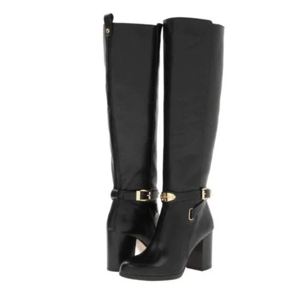 Michael Kors‎ Arley Black Leather Knee High Boots Gold Zipper Size 8