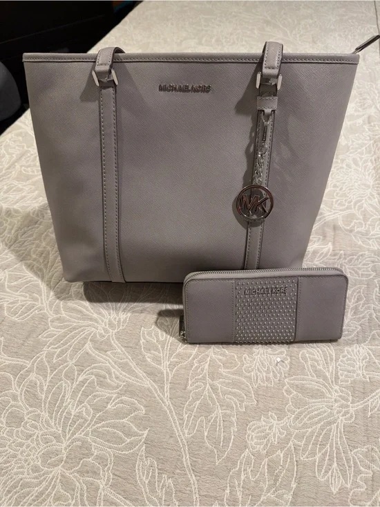 Michael Kors Light Gray Saffiano Leather Tote with Matching Wallet