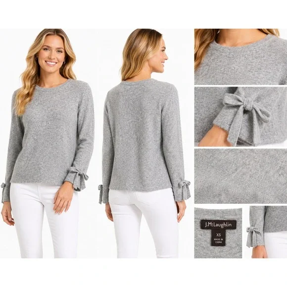 J.McLaughlin Sweater Women XS Grey Crewneck Bow Cuff Detail Fuzzy‎ Knit Pullover