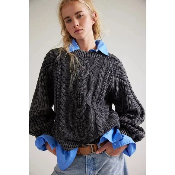 FREE PEOPLE Frankie Cable Knit Size L Black Sweater Fisherman Coastal Cabincore