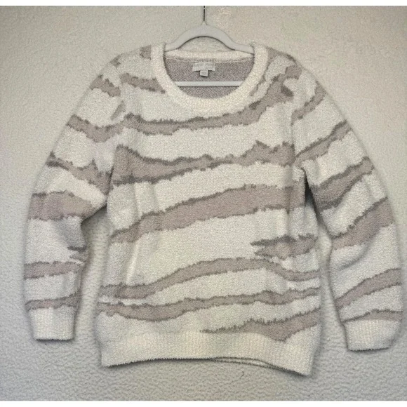 Barefoot Dreams Sweater Womens Large White CozyChic Knit‎ Striped Soft Pullover