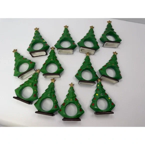 Hand painted Ceramic Christmas Tree Napkin Ring Holder Holiday Home Decor Lot 12