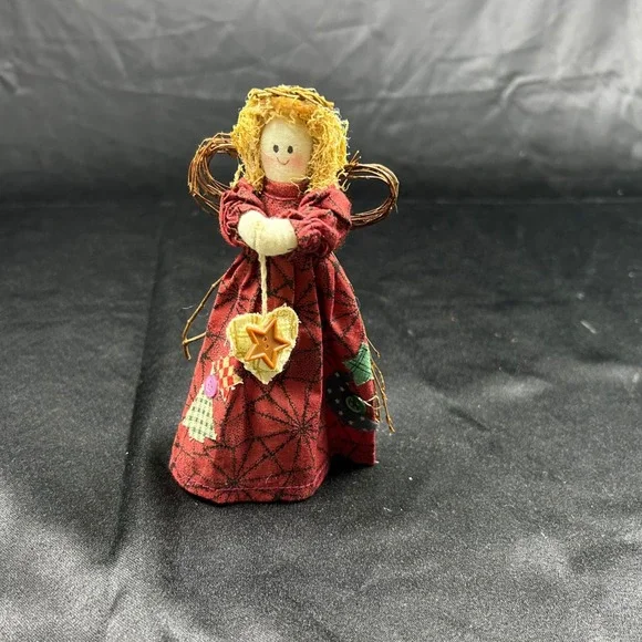 Primitive Angel Doll Rustic Red Patchwork Christmas Tree Topper Tabletop Decor