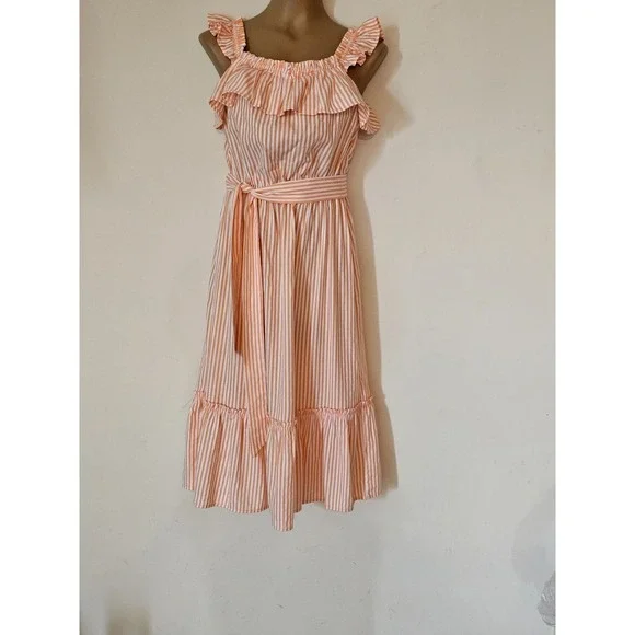 Michael‎ Kors orange & white striped Summer Dress Boho Peasant Ruffle Neck S