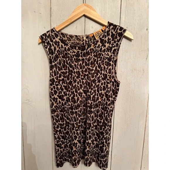 TORY‎ BURCH LEOPARD Sleeveless Sweater Lightweight Wool W/ GOLD LOGO PULL Sz-Lg