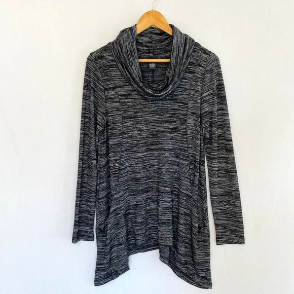 JOAN VASS Women's Large Loose Cowl Neck Black & Gray Knit Tunic Top Pockets